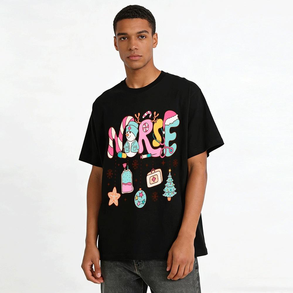 Christmas Nurse Themed Printed Top Festive Tee For Medical Staff Pure cotton T-shirt