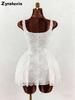New Women's White Lace Dress, Square Neck Wide Belt Empire Waist Ruffled Short Skirt