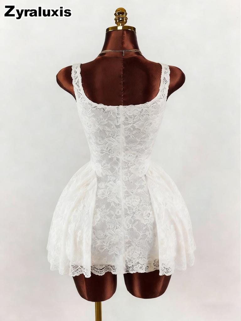 New Women's White Lace Dress, Square Neck Wide Belt Empire Waist Ruffled Short Skirt