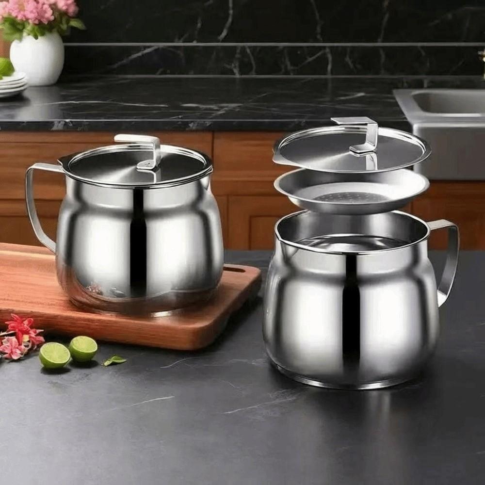 With Strainer Stainless Steel Oil Kettle 1.5/2L Grease Container Filter Oil Pitcher Deep Frying