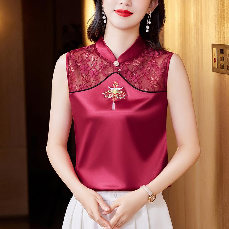 Women's Sleeveless Tank Top Mandarin Collar Vintage Embroidered Lace Satin Blouse