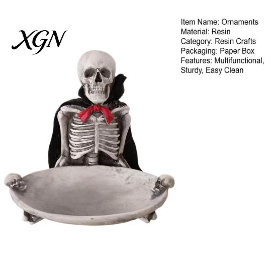 Halloween Party Supplies Skeleton Decorative Tray, Gothic Storage Tray with Black Cape Red Desktop Jewelry Organizer Bow, Multifunctional for