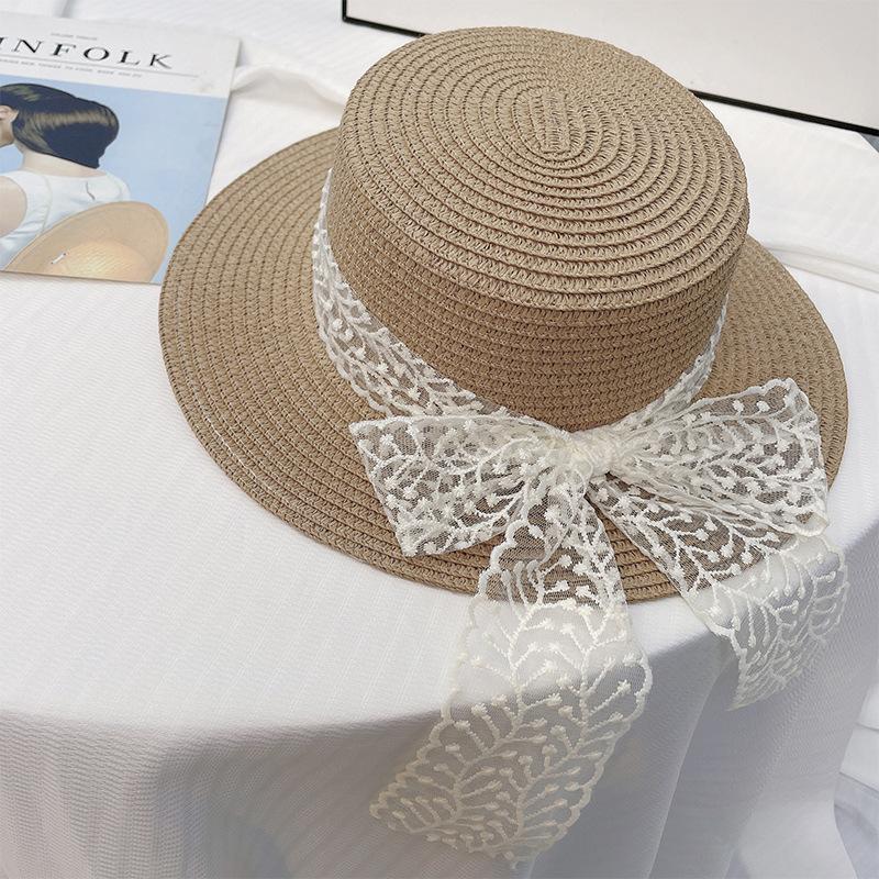 Women's Summer Beach Photo-Ready Straw Lace Hat Vacation Style Fisherman Hat Beach Wide Brim Sun Protection Hat Straw Material with Lace Details