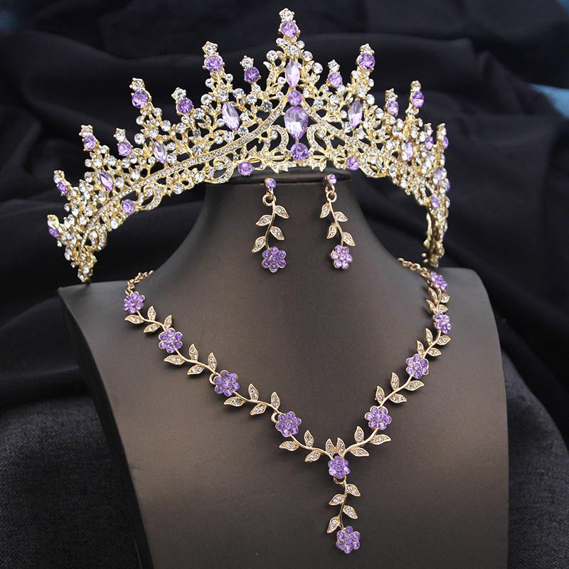 3 pcs Pink Bridal Jewelry Sets for Women Crown Flower Choker Necklace Earring Wedding Tiara Bride Costume Accessories