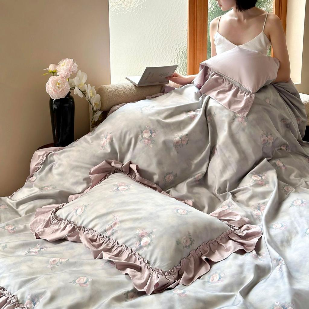 Cotton Bedding Four-piece Rose Printing Skin-friendly Breathable Comfortable Quilt Cover Bed Sheet Pillowcase Kit