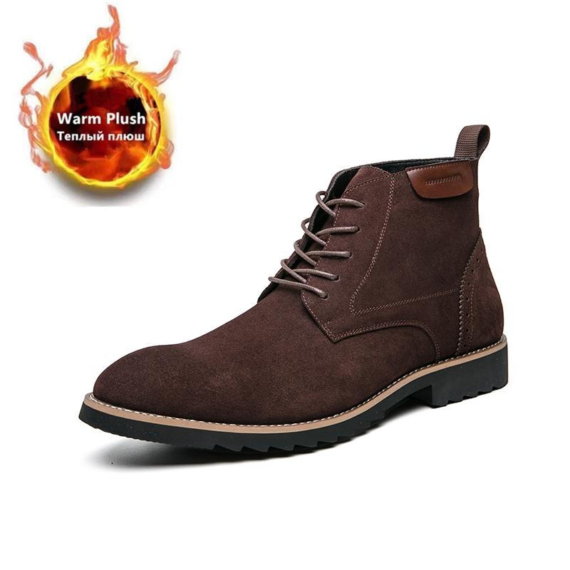 Fashion Brand Cow Suede Leather Men's Boots Men Business Casual High Top Leather Shoes Autumn Winter with Fur Fashion Oxfords For Men