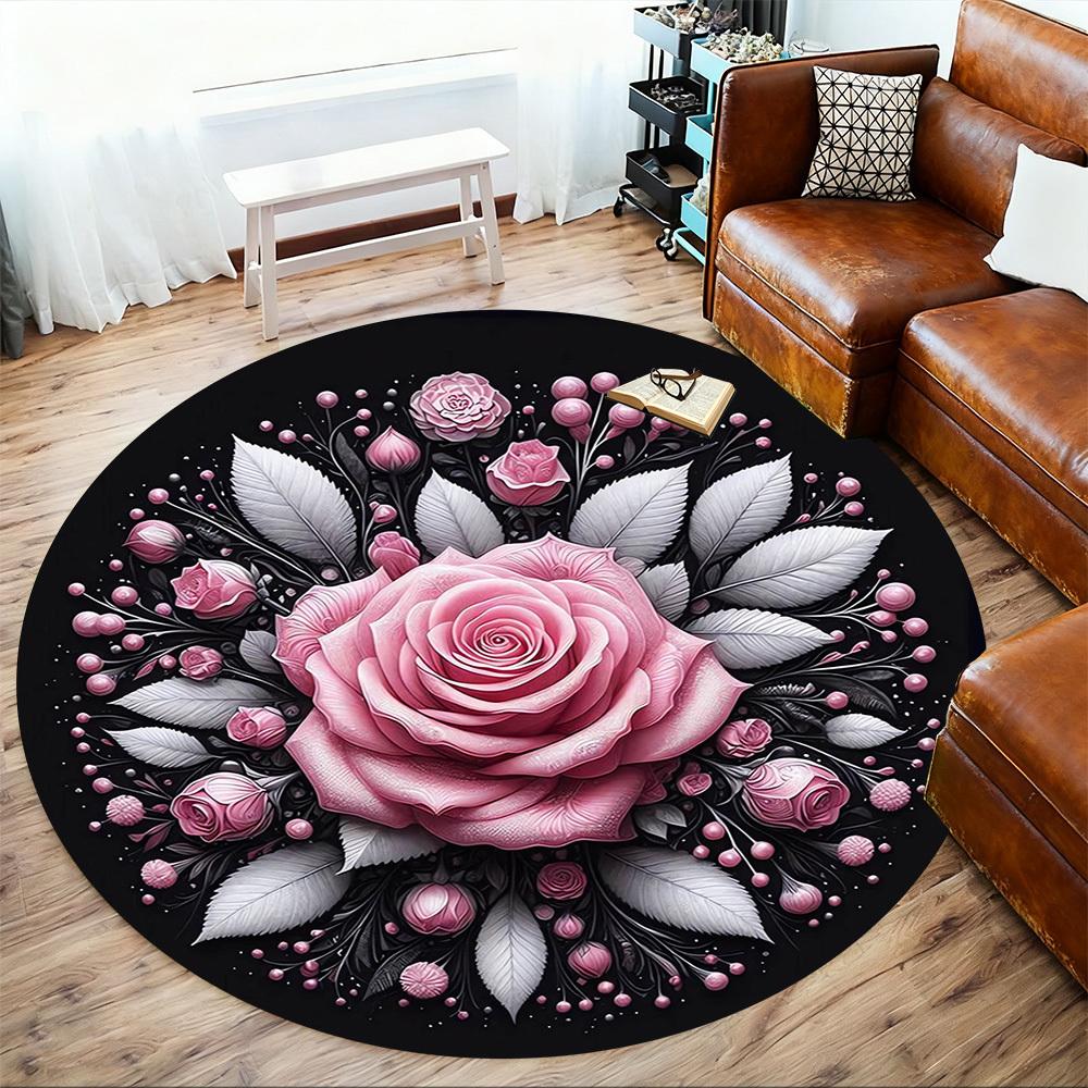 1pc Rose Floral Round Chair mat Area Rug - Non-Slip, Floor Mat for Office, Bedroom, and Indoor Decor -1002207