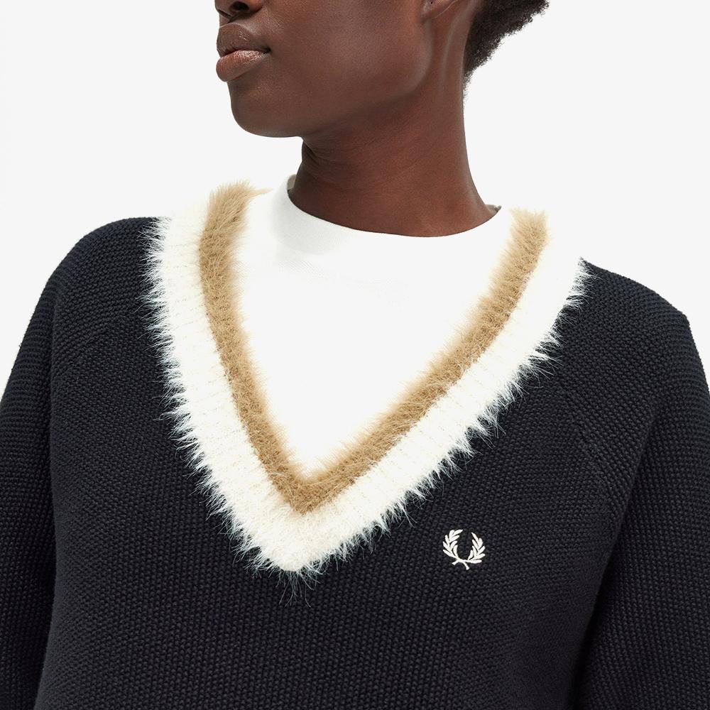 Fred Perry [Womens] Textured Trim V-Neck Knit Dress - Black Afpf2438166-102