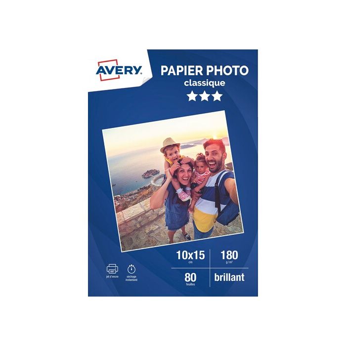 Papier Photo AVERY 80 Photos brillantes 10x15 - Jet d'encre - 180 g/m²