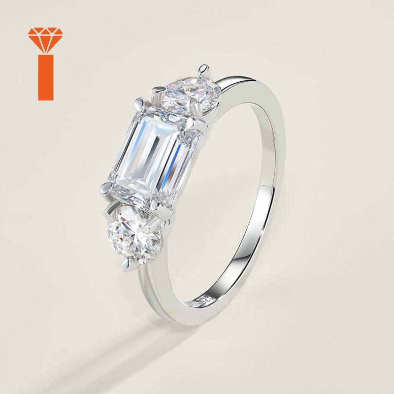 Luxury Three Stone Moissanite Ring 2ct Emerald Cut VVS Moissanite Ring S925 Silver High Polish Wedding Jewelry Ring