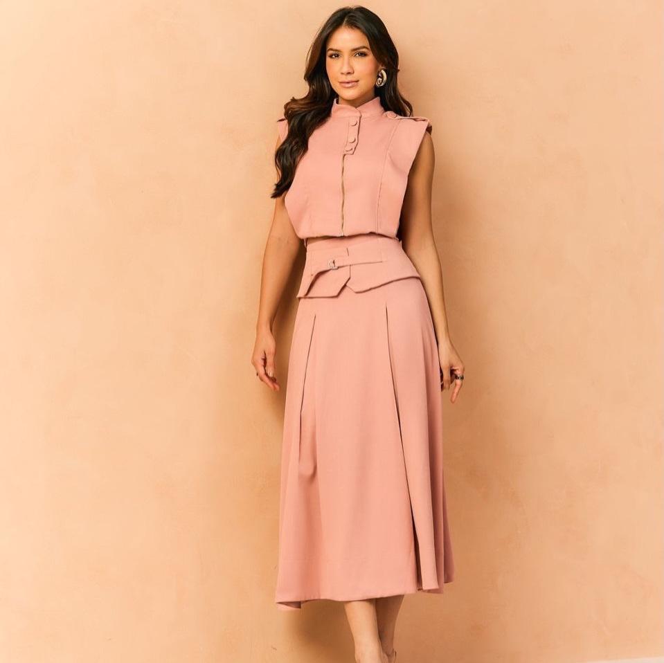2026 Spring New European, American and Amazon Cross-border Foreign Trade Women's Stand-up Collar Sleeveless Vest Top High Waist Skirt Set