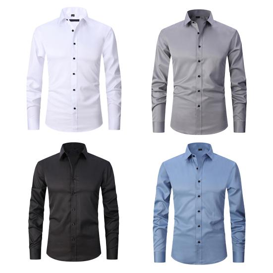 Men Spring Fall Dress Shirt Turn-down Collar Slim Fit Single-breasted Long Sleeves Pure Color Mid Length Young Formal Business Event Office Top