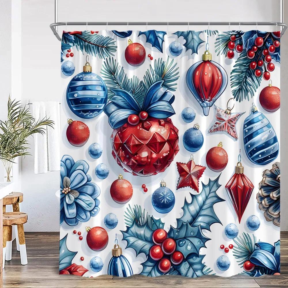 Chritsmas Shower Curtain Red Silvery Ball Xmas Balls Snowflake Pine Leaves Merry Christmas Winter Polyestert Bath Curtain Decor
