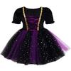 Mädchen Hexenkostüm Kurzer Puffärmel Glitzerndes Netz-Tüllkleid Halloween Cosplay Verkleidung