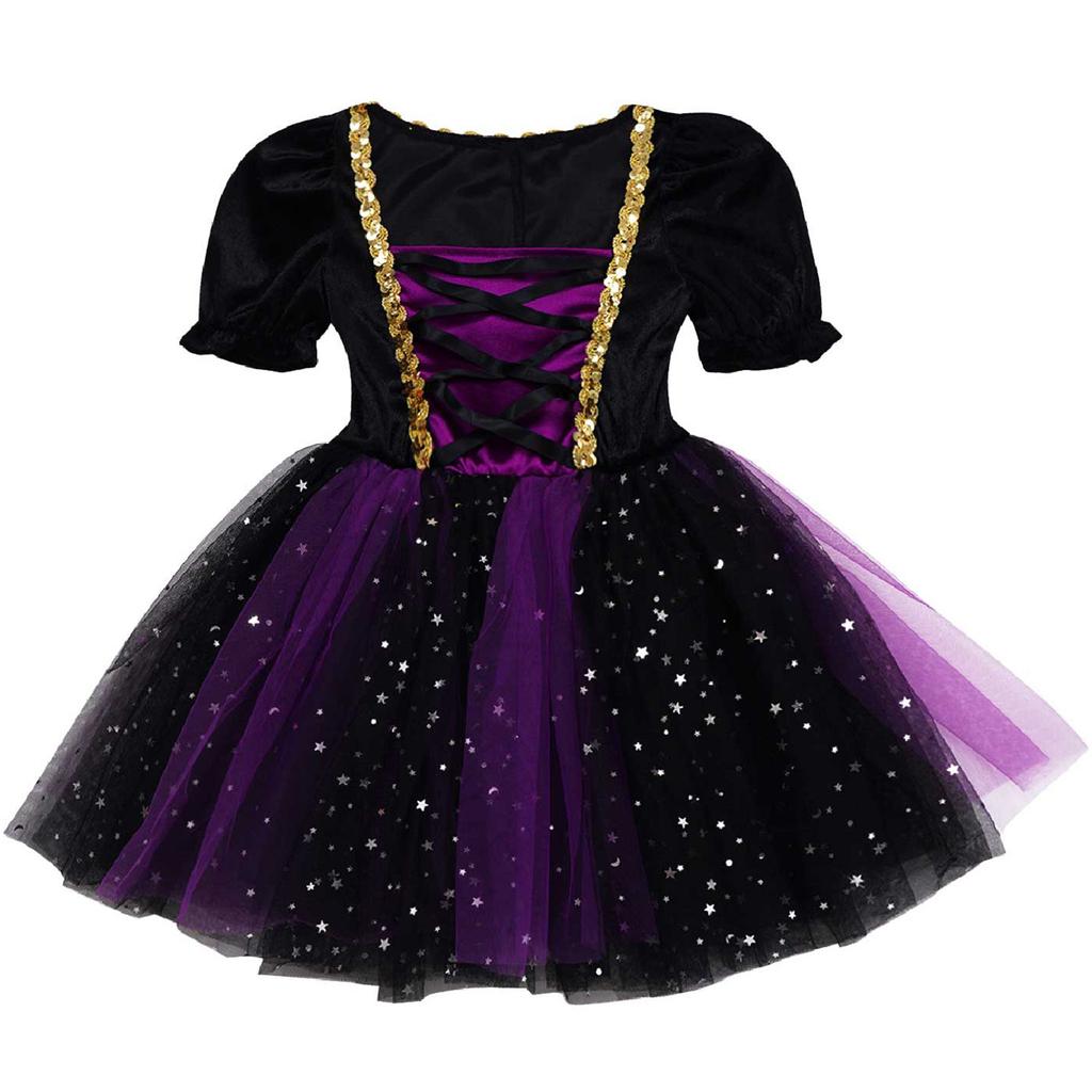 Mädchen Hexenkostüm Kurzer Puffärmel Glitzerndes Netz-Tüllkleid Halloween Cosplay Verkleidung