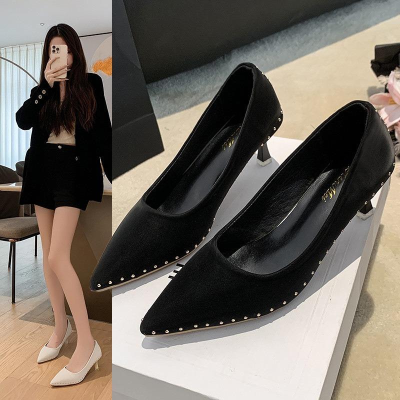 Rivet high heels women's autumn and winter new pointed head shallow mouth stiletto single shoes temperament professional work shoes women