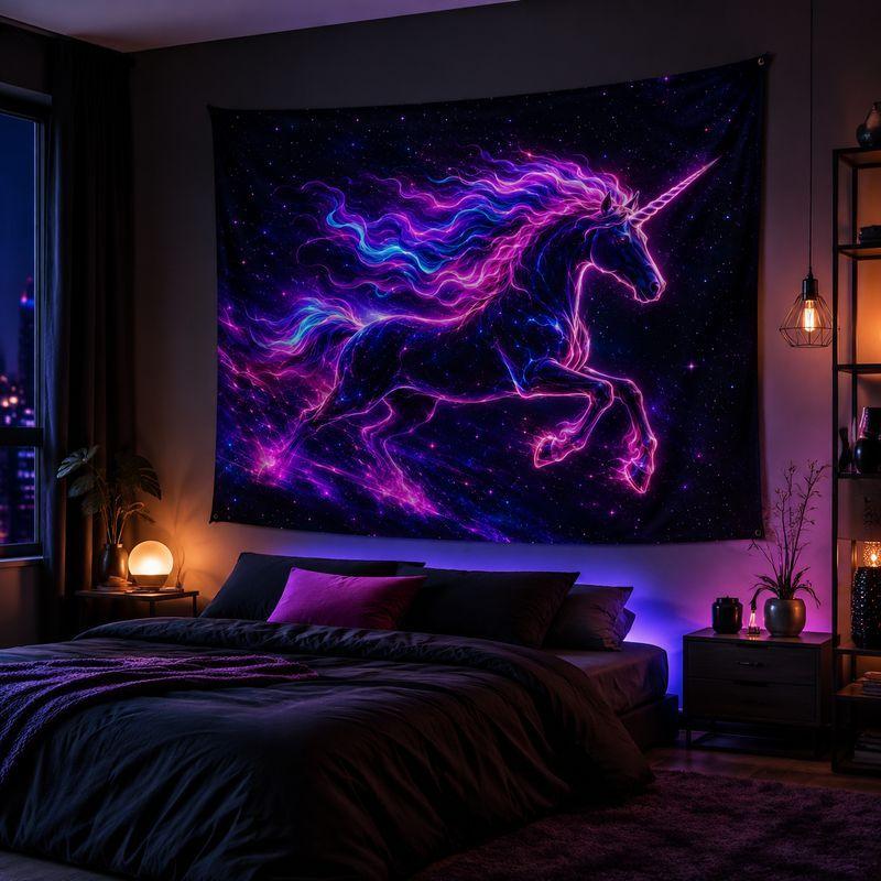 Dragon Unicorn Angel Blacklight Tapestry, Neon Bohemian Wall Hanging Decor for Bedroom Living Room, Galaxy Home Art