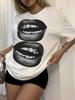 T-shirt à motifs décontracté pour femme avec embellissement blanc Unisexe et accrocheur en forme de lèvres Manches courtes Coupe ample Y2K