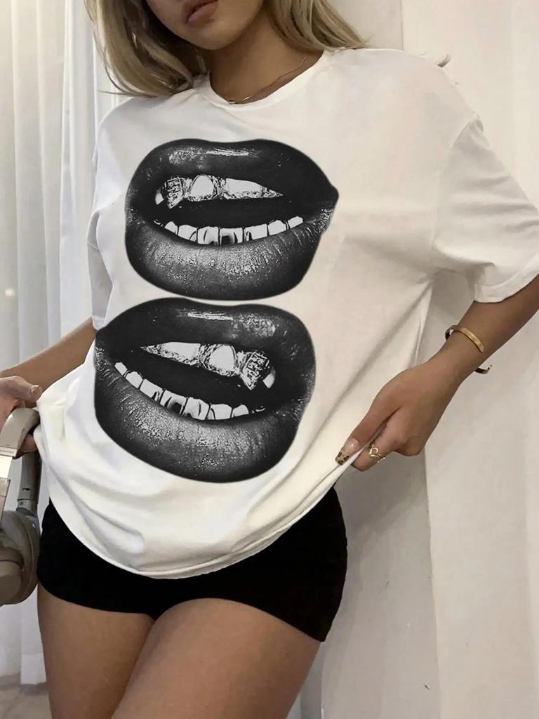 Casual Womens Patterned Tshirt with White EmbellishUnisext and Eyecatching Lip Shaped Short Sleeved Loose Y2K