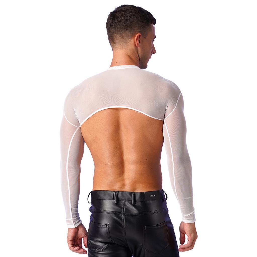 Mens See-Through Sheer Mesh Half Tank Tops Shirts Long Sleeve Body Chest Harness Crop Top Sexy Tanks Arm Sleeves Shrug Clubwear