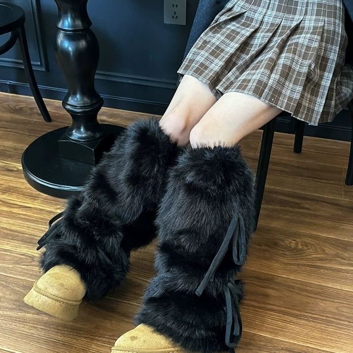

Осень и зима пушистые гетры бантик миди-труба горячая девочка искусственный мех плюшевые носки снежные чехлы теплые и стройнящие