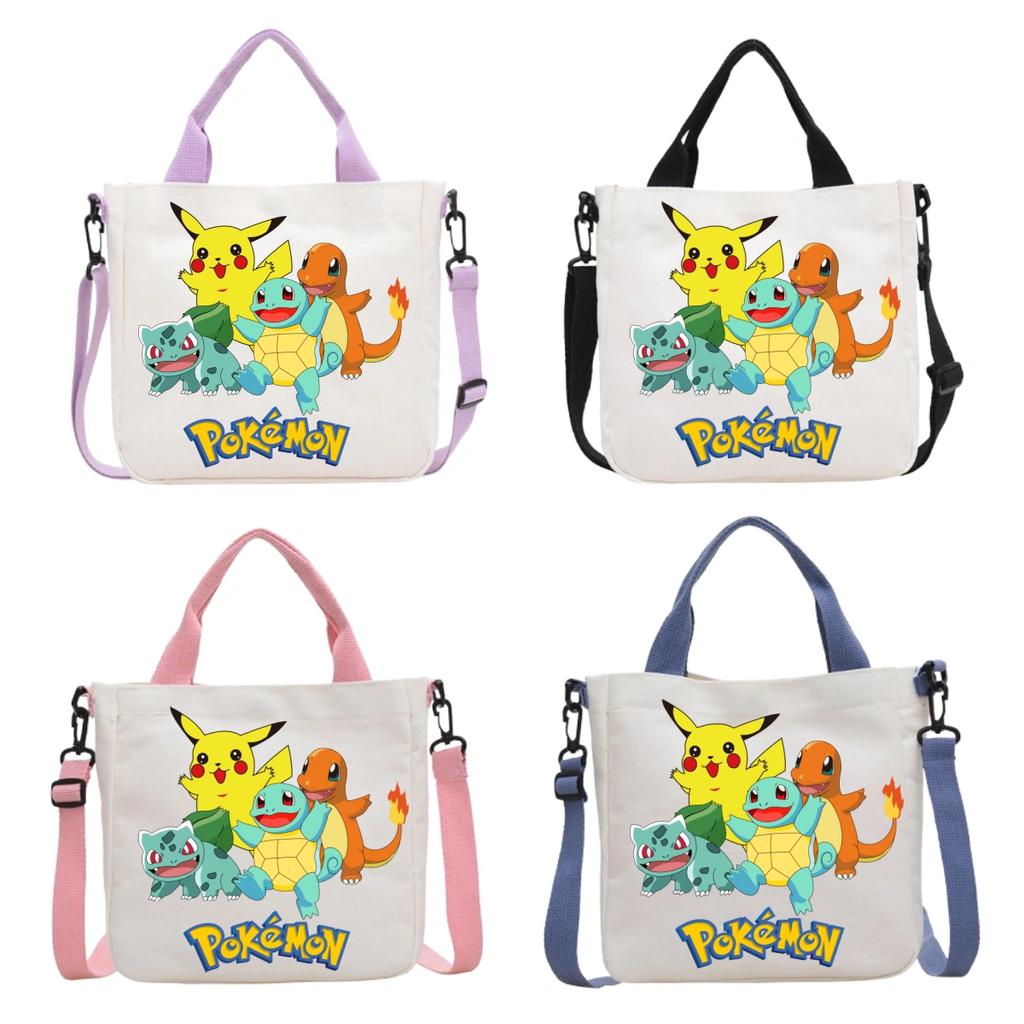 Pokemon Canvas Crossbody Bag Pikachu Cartoon Pattern Print Handbag Fashion Portable Large Capacity Travel Shopping Storage Kid Friendly Entertaining