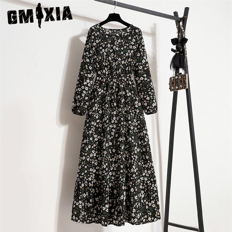 GMXIA 25 Colors Spring Women Maxi Dresses Casual Long Sleeve Floral Print O-Neck Ladies Long Dress Bohe Beach Party Mujer Vestidos Muslim Dress