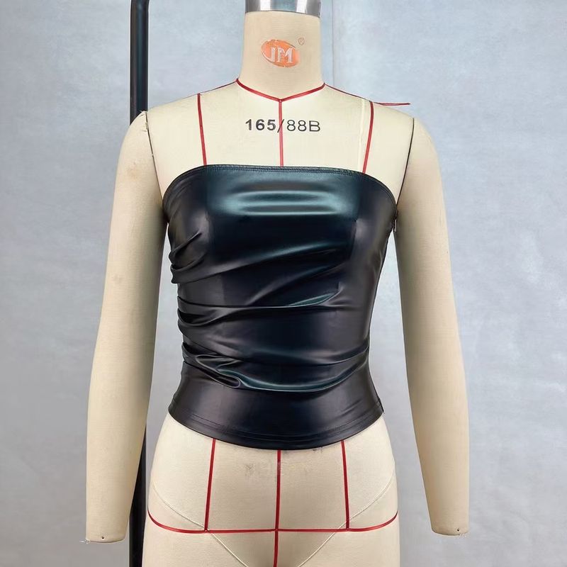 

Western Style Fashion Wrap-around Top Solid All-Match Sexy Tube Top Vest Sexy Pu Strapless Vest Black L