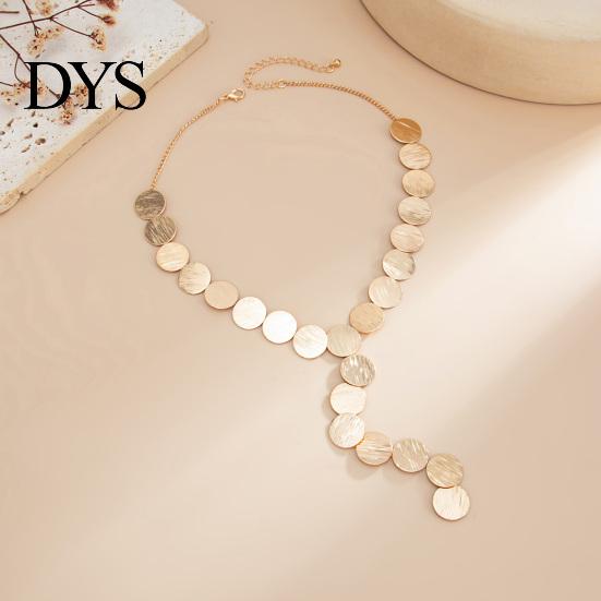 Short Bib Style Necklace Chunky Y Necklace, Metal Discs Choker Textured Coin Dangle Statement Tassel Earrings, Adjustable Retro Sequins for