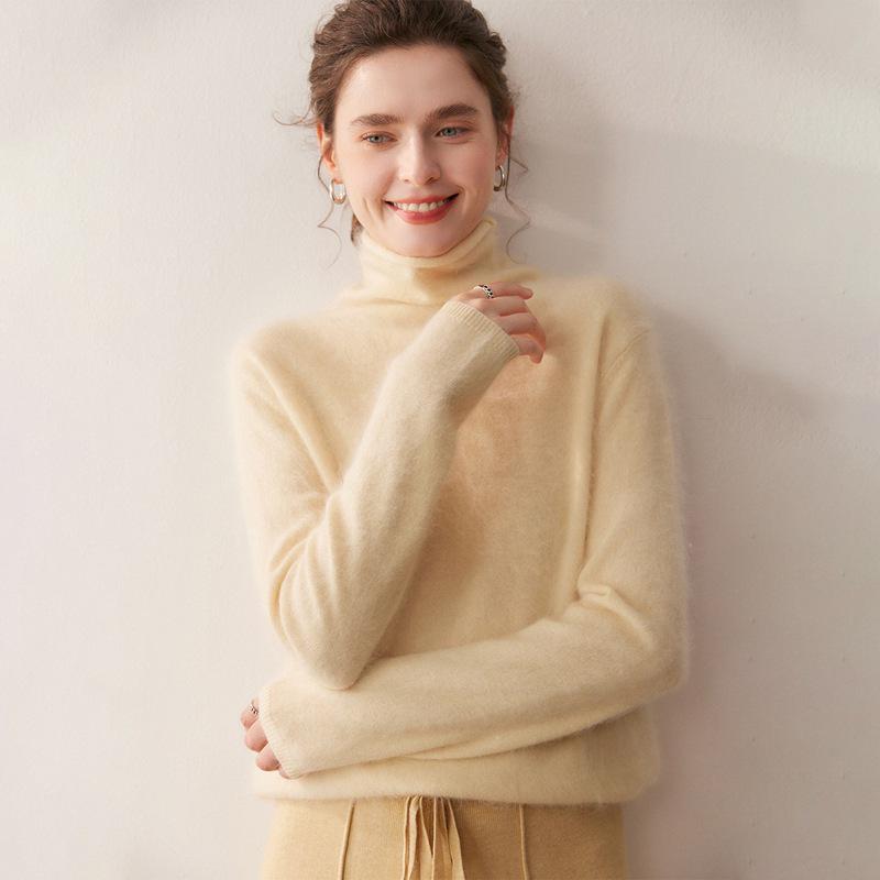 Women's 100% Pure Cashmere High Neck Sweater - Autumn/Winter Loose Knit, Warm Brushed Long Sleeve Design