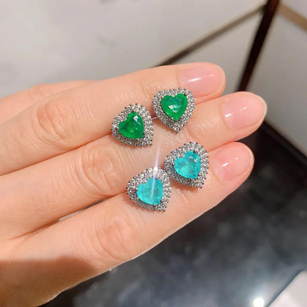 New Paraiba Heart-shaped Zircon earrings for women 925stamp Shimmering emerald earrings for brides wedding party jewelry gift
