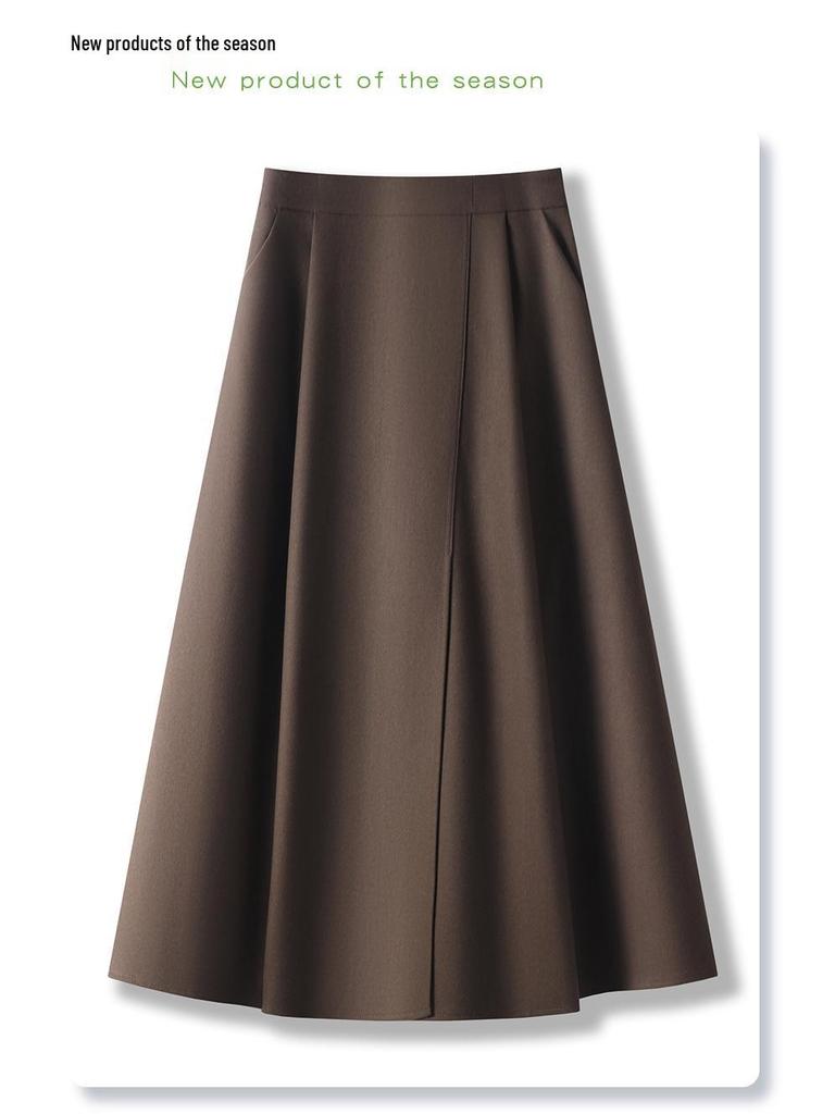 Women's Gray Pleated A-Line Midi Skirt - 2024 Fall/Winter, Elastic Waist, Slimming Fit