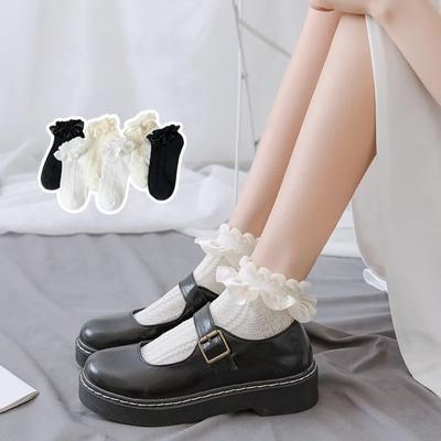 Lolita Style Japanese Kawaii Women Ponožky Roztomilé volánikové ponožky Jednofarebné Biela Čierna Sieťovaná čipka Dievčenské Sladké Harajuku Krátke ponožky
