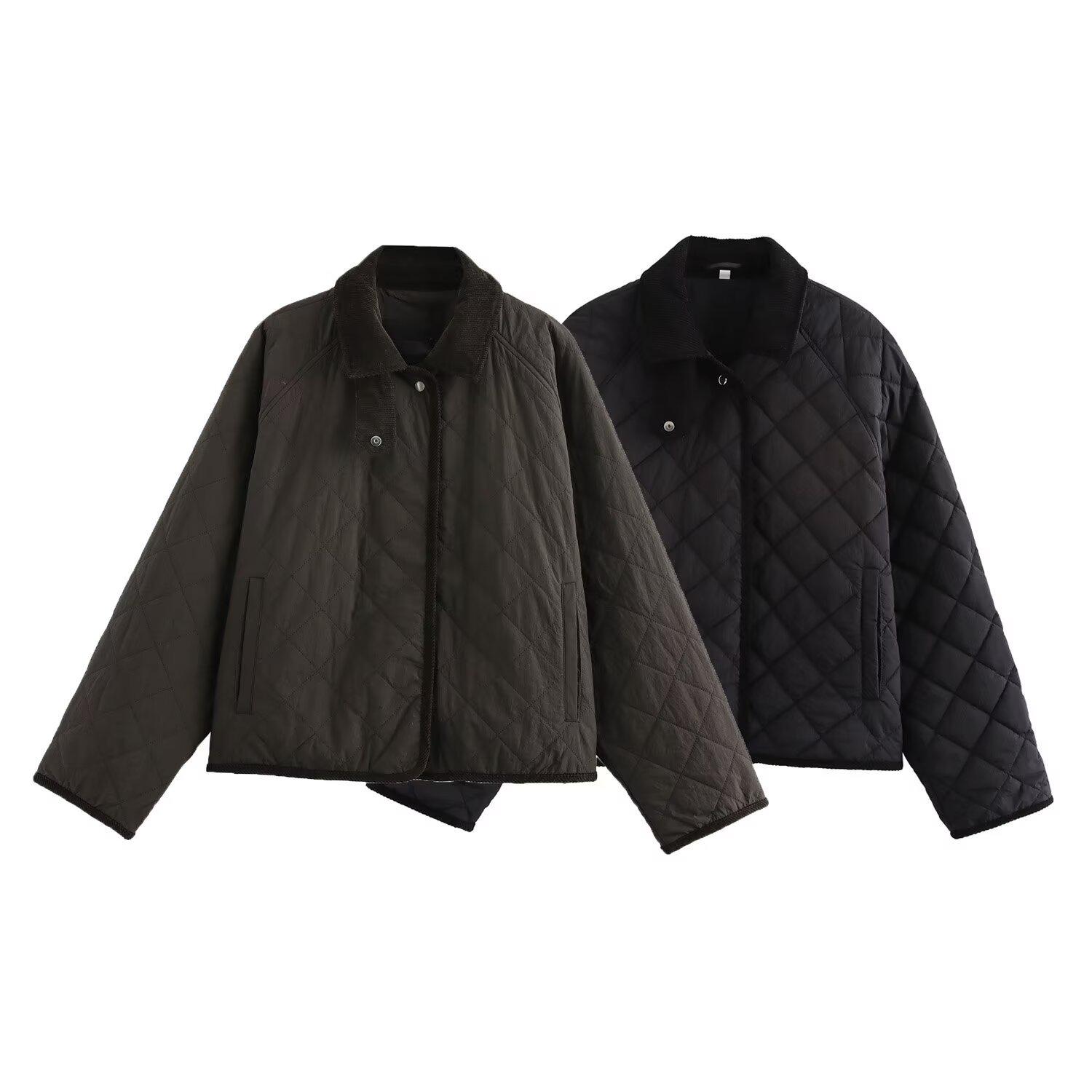 

2025 Women s French Two-Color Diamond Pattern Cotton High Neck Jacket Large темно-коричневого