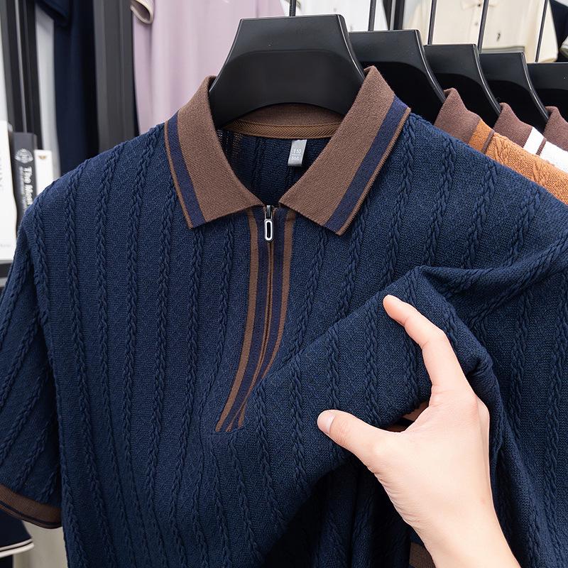 Men's Hipster Striped Knit Shirt - Short-Sleeve Lapel T-Shirt Top