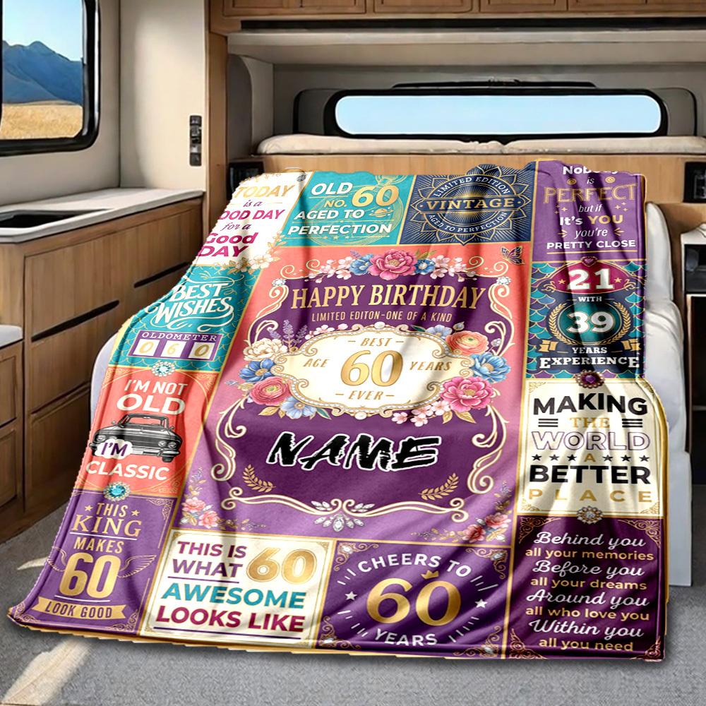 Happy 60Th Birthday Celebration Blanket Personalized Name Soft Comfortable Stylish Blanket Car Blanket Perfect For Travel Camping Outdoor Home