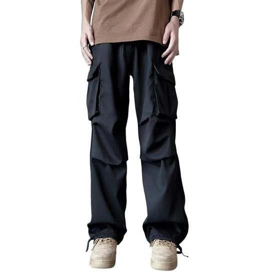 Men Cargo Pants Mid-rise Drawstring Multi Pockets Design Leisure Trousers Solid Color Wide Leg Outdoor Camping Pants Plus Size