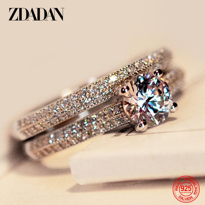 ZDADAN 925 Silver Double Zircon Rings For Women Fashion Wedding Engagement Jewelry Gift
