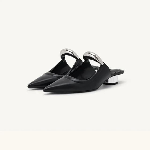 Fashion Pointed Slippers for Women 2025 New Style French Thick Heel Half Bottom Slippers with Metal Toe Caps for Cool Slippers