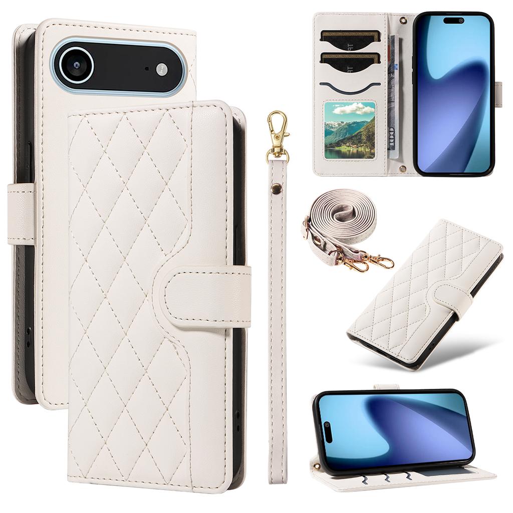 For iPhone 17 Air Wallet Case Rhombus Leather Phone Cover with Strap