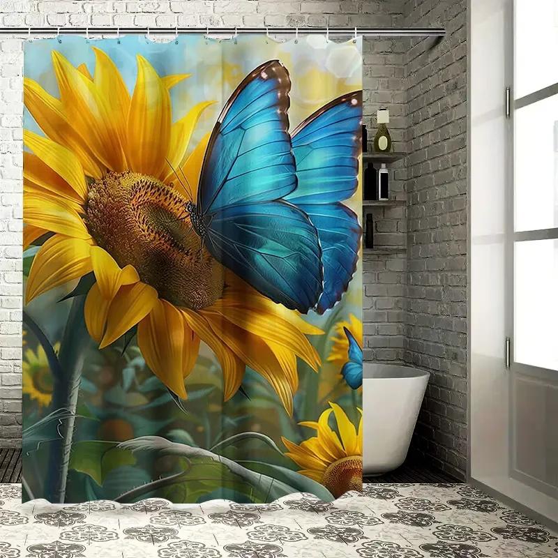 

Blue Butterfly On Sunflower Waterproof Shower Curtain Heat Resistant Machine Washable Non-Transparent 180X180Cm W60H190(CM)-1 Pcs
