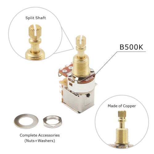 FLEOR 2 Pieces Guitar Bass Push-Push Potentiometer B500K Linear Tapered Copper Long Split Shaft Pot