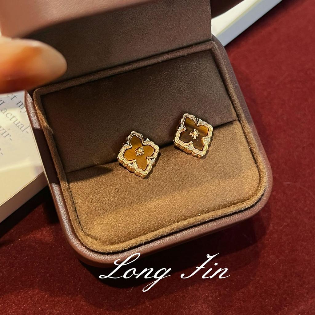 Französische Retro-Fenstergitter, Kleeblatt, Tigerauge-Stein-Set, Herbst- und Winter-Halskette, Armband, Ohrstecker, Antik und Vielseitig