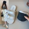 Temperament fairy style belt buckle open-toed square head slippers female summer wear French beautiful flat heel one word sandals sandals