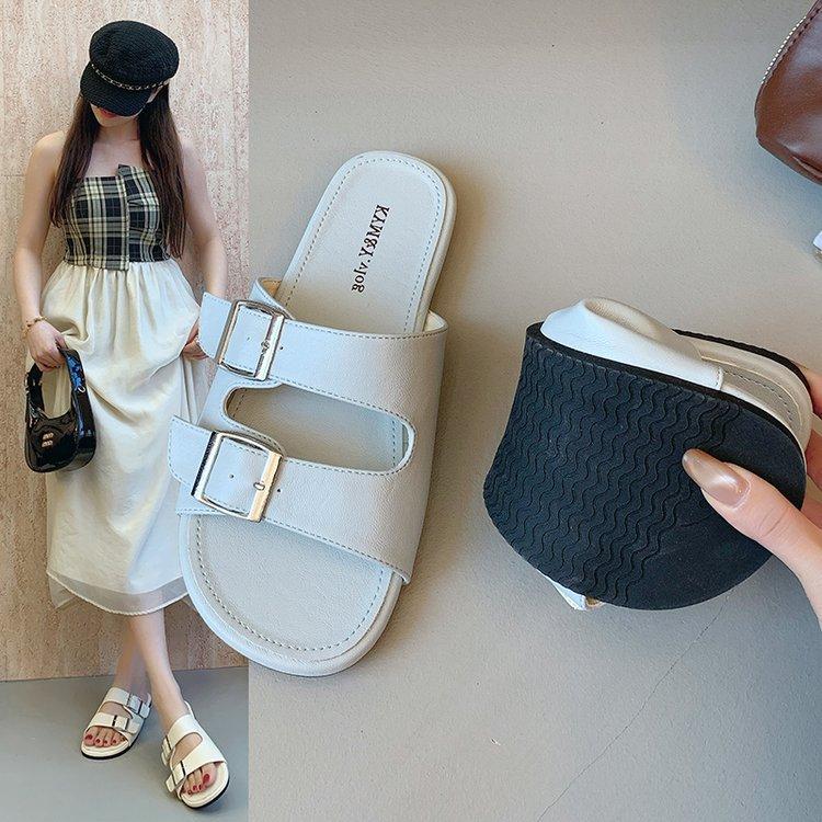 Temperament fairy style belt buckle open-toed square head slippers female summer wear French beautiful flat heel one word sandals sandals