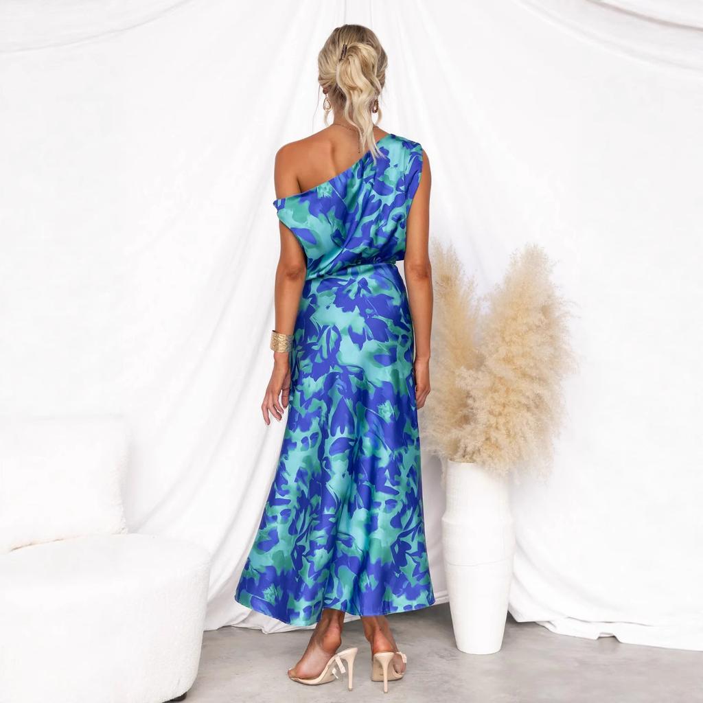 A Summer Women's Dress with A Slit and Sleeveless Print At The Bottom