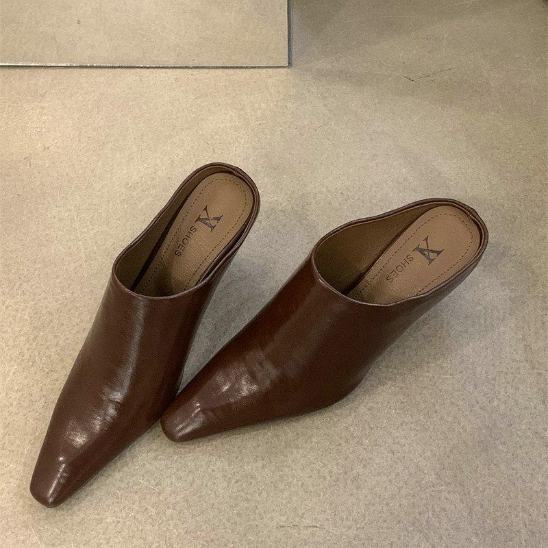 Fashion Half Slipper Women Soft Leather Small Square Wedge High Heels Fashion Wear Lazy Mugler Shoes