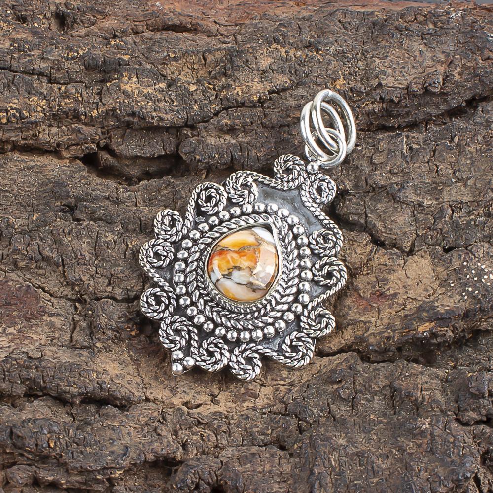 Dainty Orange Spiny Copper Turquoise Pendant Gemstone Jewelry, 925 Solid Sterling Silver Pendant, Handmade Jewelry Birthstone Pendant