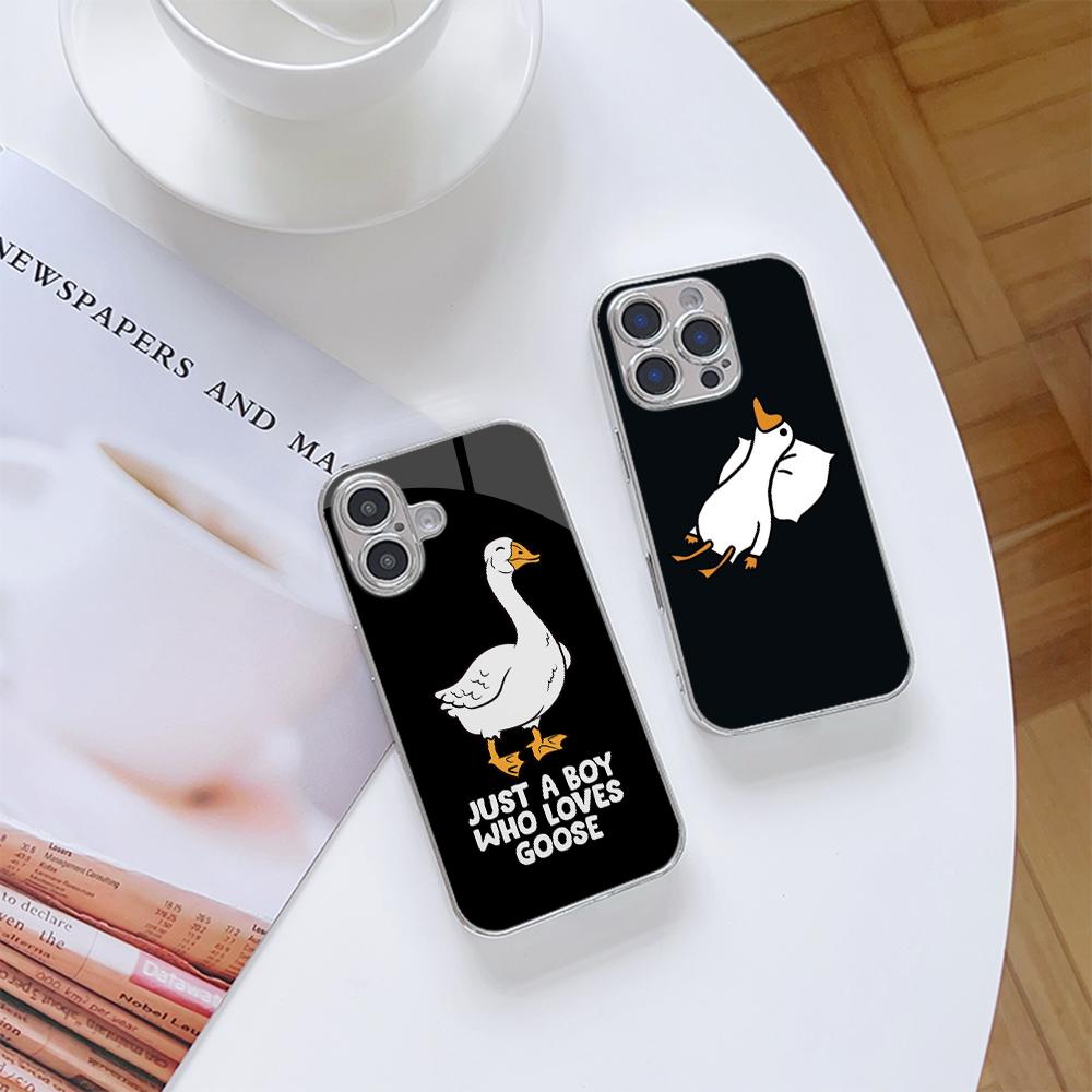 N175 Just a Boy Who Loves Goose Phone Case for iPhone 16 15 Pro Max Samsung S24 S23 A54 A35 Xiaomi Redmi Note 13 Pro Plated Frame Tempered Glass Cover