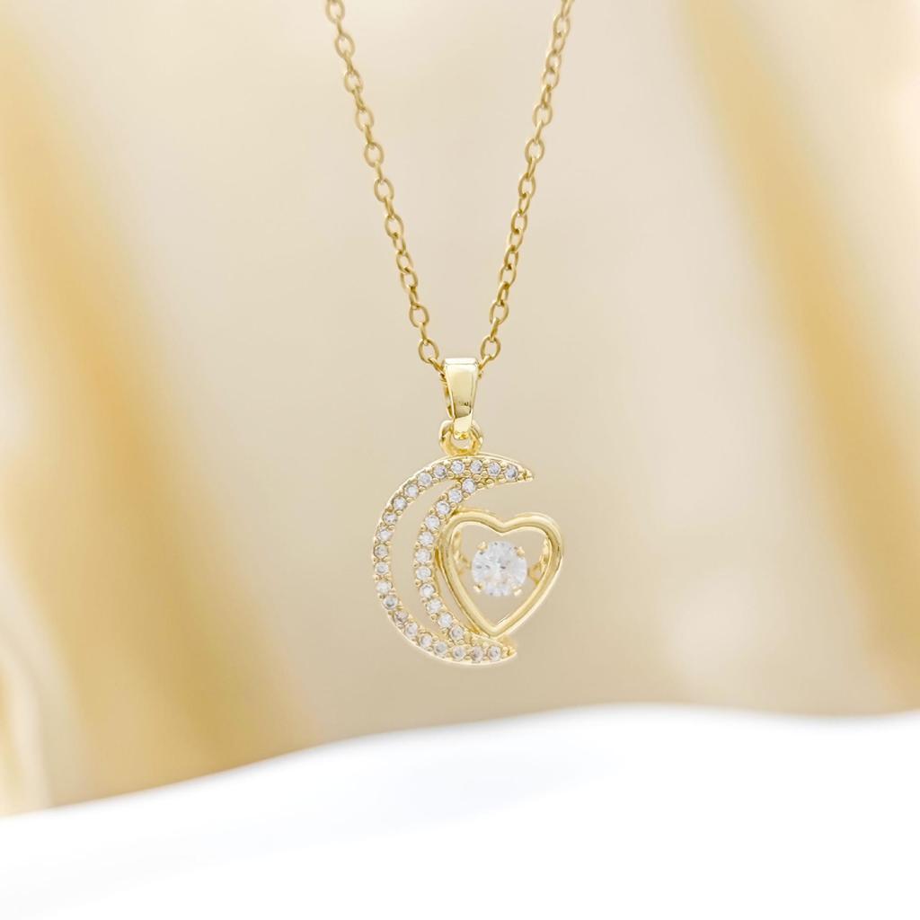 Titanium Steel Moon and Heart Zircon Pendant Necklace for Women
